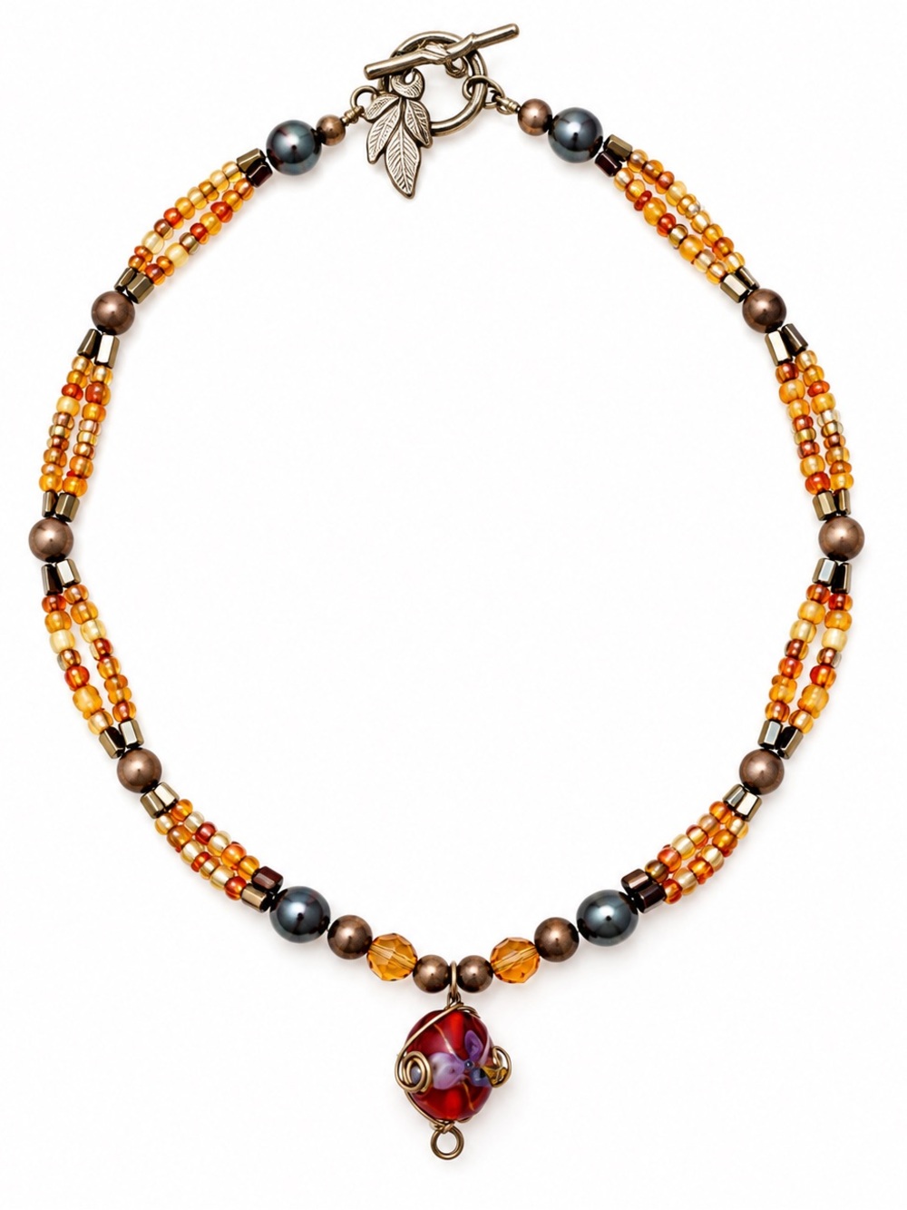 Boho Multicolor Beaded Necklace Silver Orange Red 16”